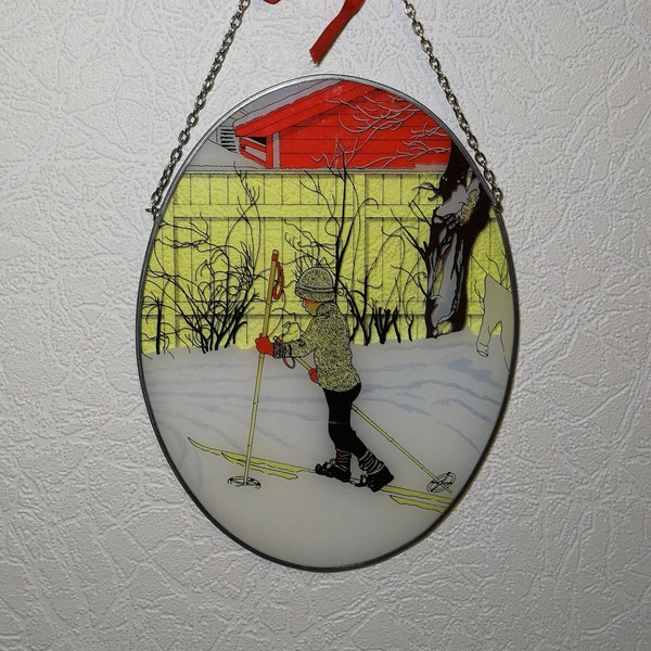 Schilderen op glas, hangend aan de muur. Jongen skiën scène glas schilderij. Wanddecor, winters tafereel