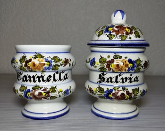 Spice jars Cannella and Salvia. San Marino hand painted miniature spice jars, italian style