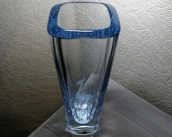 Strombergshyttan Vase. Swedish Blue Glass Vase, Signed Strombergshyttan. Scandinavian blue thick heavy glass vase.