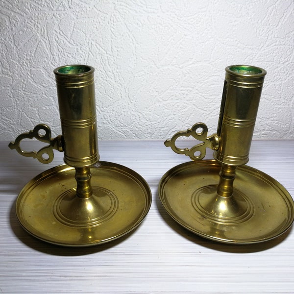 Pair Vintage Malm brass candlesticks, turn key candlestick holders. Pair of swedish brass candlestick Malm Morells Gjuteri Mora