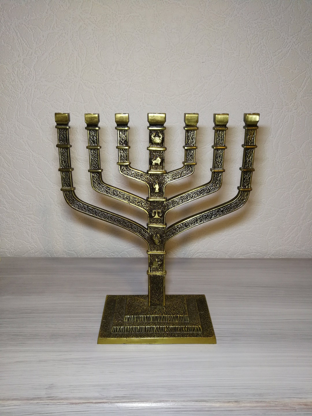 Menorah 7 Branch Brass Candlesticks Holder. Menorah With Zodiac Signs