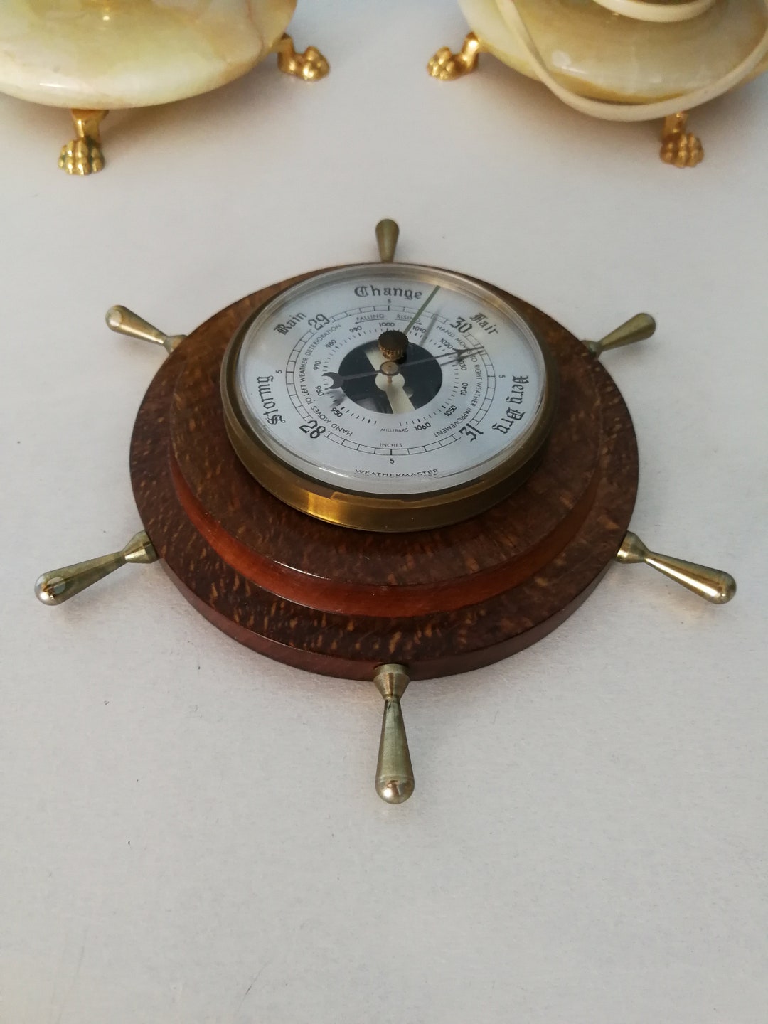 Weathermaster Barometer, Vintage. Nautical Design, Wooden Ship's Wheel