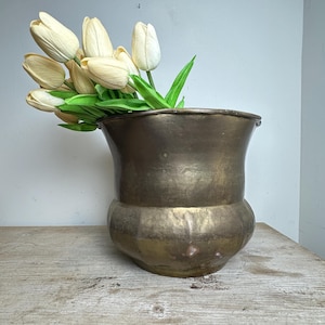 Vintage Large Brass Planter Cachepot | Aged Patina Brass Urn Flower Pot | English Country Traditional Home Decor