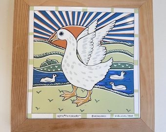 Vintage Sigma Goose Tile Framed Trivet | Andrea West 1983 Framed Folk Art Kitchen Wall Decor, Country Farm Duck Illustration, cottagecore