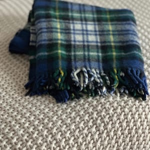 Vintage Blue and Green Tartan Wool Throw Blanket – Plaid Fringe Lap Blanket | 48”x46”