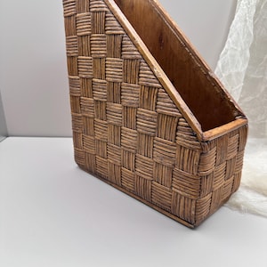 Vintage Woven Wood Magazine File: Rustic Boho Office Organizer