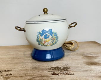 Vintage Lun Dar elektrische potpourri-koker | Jaren 80 bloemenmotief, blauwe strik, sudderpot, landelijke decoratie