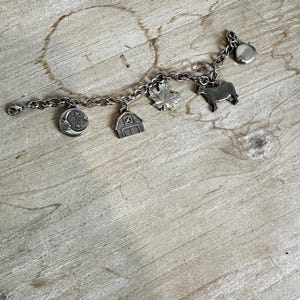 Könnte beinhalten: Ein silberfarbenes Metall-Charm-Armband mit fünf verschiedenen Anhängern: ein zunehmender Mond mit Sternen, eine Scheune, ein Ahornblatt, eine Kuh und eine kleine runde Scheibe. Das Armband besteht aus einer klassischen Gliederkette mit Karabinerverschluss.