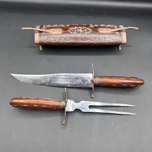 Antique Carving Set with Hand-Carved Wooden Handles and Decorative Wooden Sheath – Knife & Meat Fork | India | Brass