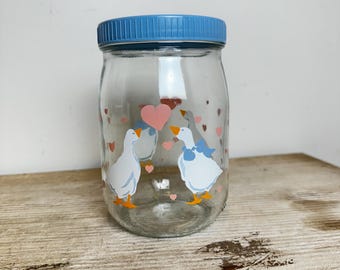 Vintage 1980s Geese Hearts Lidded Country Kitchen Canister, Made in France Glass Storage Jar, Cottagecore