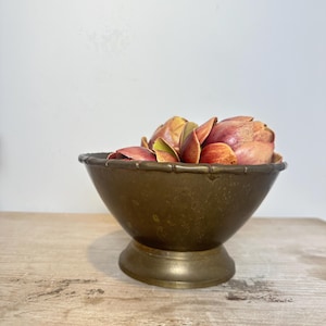 Può includere: Una ciotola in ottone con bordo smerlato e base a piedistallo, riempita con una collezione di foglie di carciofo essiccate di colore bruno-rossastro. La superficie metallica presenta una patina usurata con segni visibili di invecchiamento.