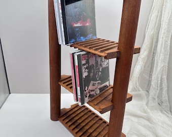 Vintage Kalmar Teak CD Rack | Mid Century Modern Slatted Wood Shelf | Scandinavian CD Storage Stand |4 Tier Teak Organizer