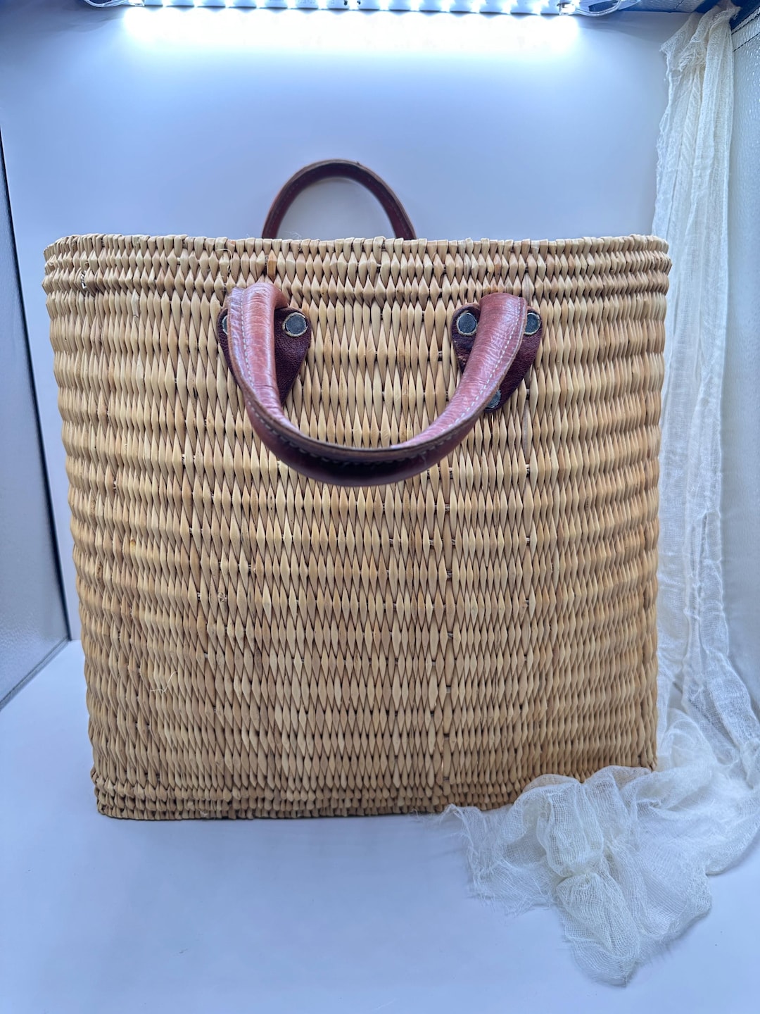 Large Vintage Woven Market Basket With Leather Handles | French Market ...