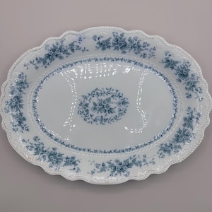 Antique W.H. Grindley & Co. Blue Transferware Platter | Floral Oval Serving Dish | Embossed Scalloped Edge | English Ironstone