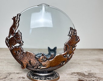 Vintage Whimsical Cats & Kitten Glass Bottle w/Pewter details | Mini Oil Lamp Vase, Cat Lover Collectible Decor, Small Cat bud vase
