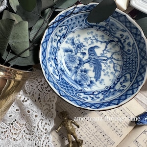 Vintage Japanese Blue and White Peacock Bowl – Porcelain Decorative Bowl with Scalloped Rim, Floral Motif, and Marked Base – 6” Diameter