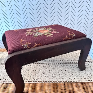Antique Floral Needlepoint Foot Stool: European Style Wood Rest