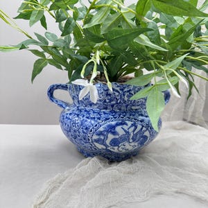 Könnte beinhalten: Ein blau-weißer Keramiktopf mit detailliertem Vogel- und Blumendesign, gefüllt mit grünen Pflanzen und weißen Blüten. Der Topf hat zwei Griffe und steht auf einer weißen Oberfläche.