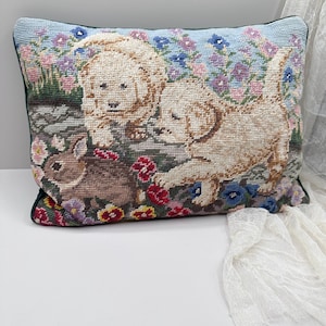 Vintage Needlepoint Pillow: Puppies & Bunny Tapestry Cushion, Velvet Back