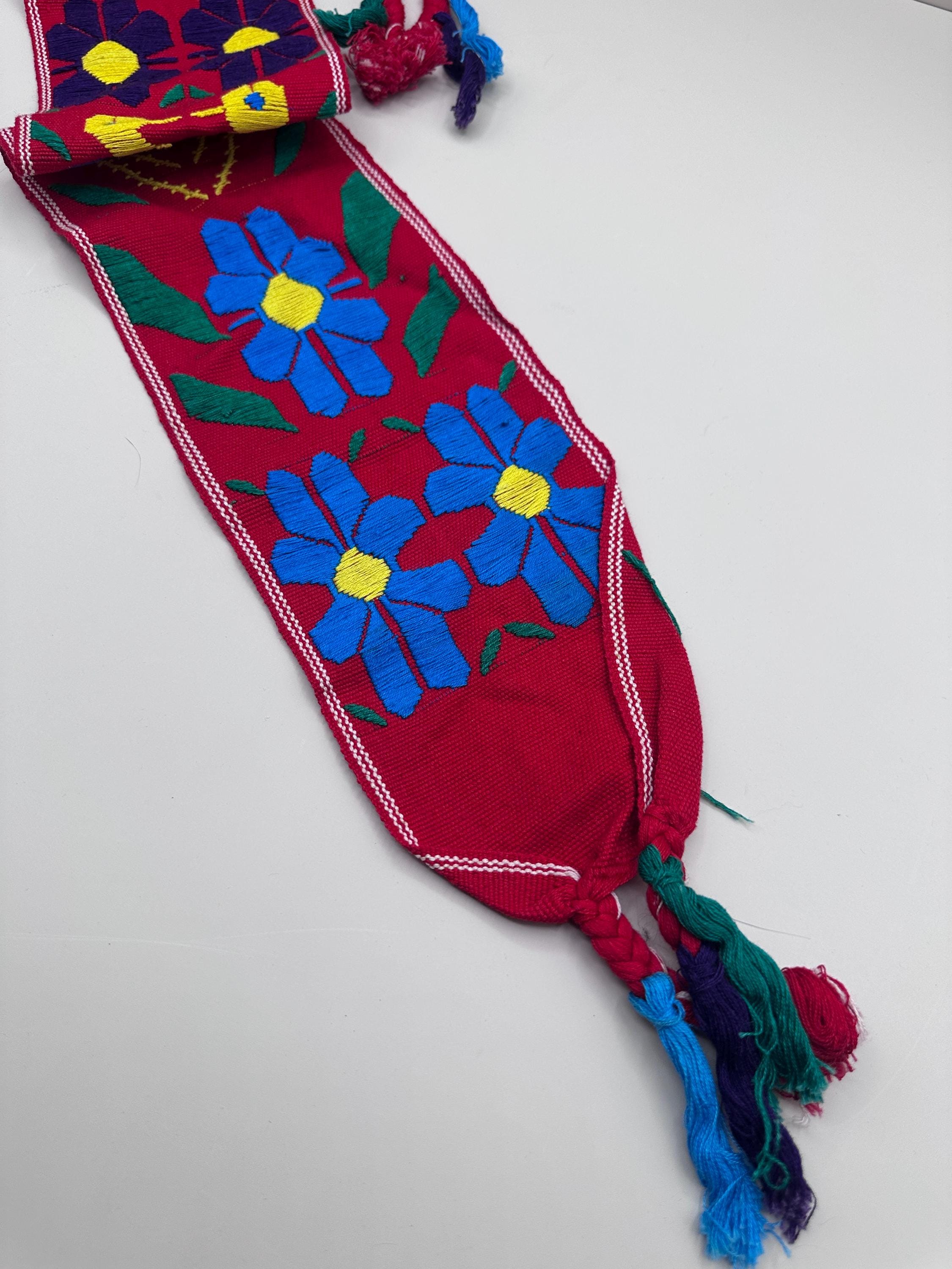 Vintage Folk Embroidered Sash Belt-handwoven Red Floral&bird 