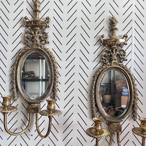 Pair of Vintage Brass Mirrored Wall Sconces – Ornate Hollywood Regency Candle Holders | Pagoda Mirror Sconces | Brass Mirrored Wall Sconces