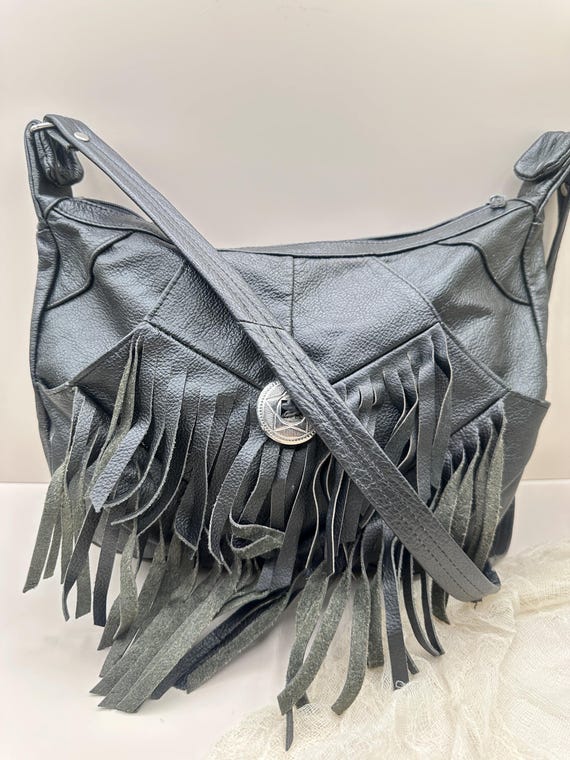 Vintage Black Leather Fringe Shoulder Bag | Boho Western Crossbody 