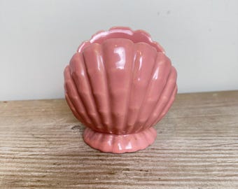 Vintage Coastal Pink Shell Ceramic Makeup Brush/Toothbrush Holder, Seashell Vanity Organizer, Retro Beach Cottage Bath Accessory, Palm Beach