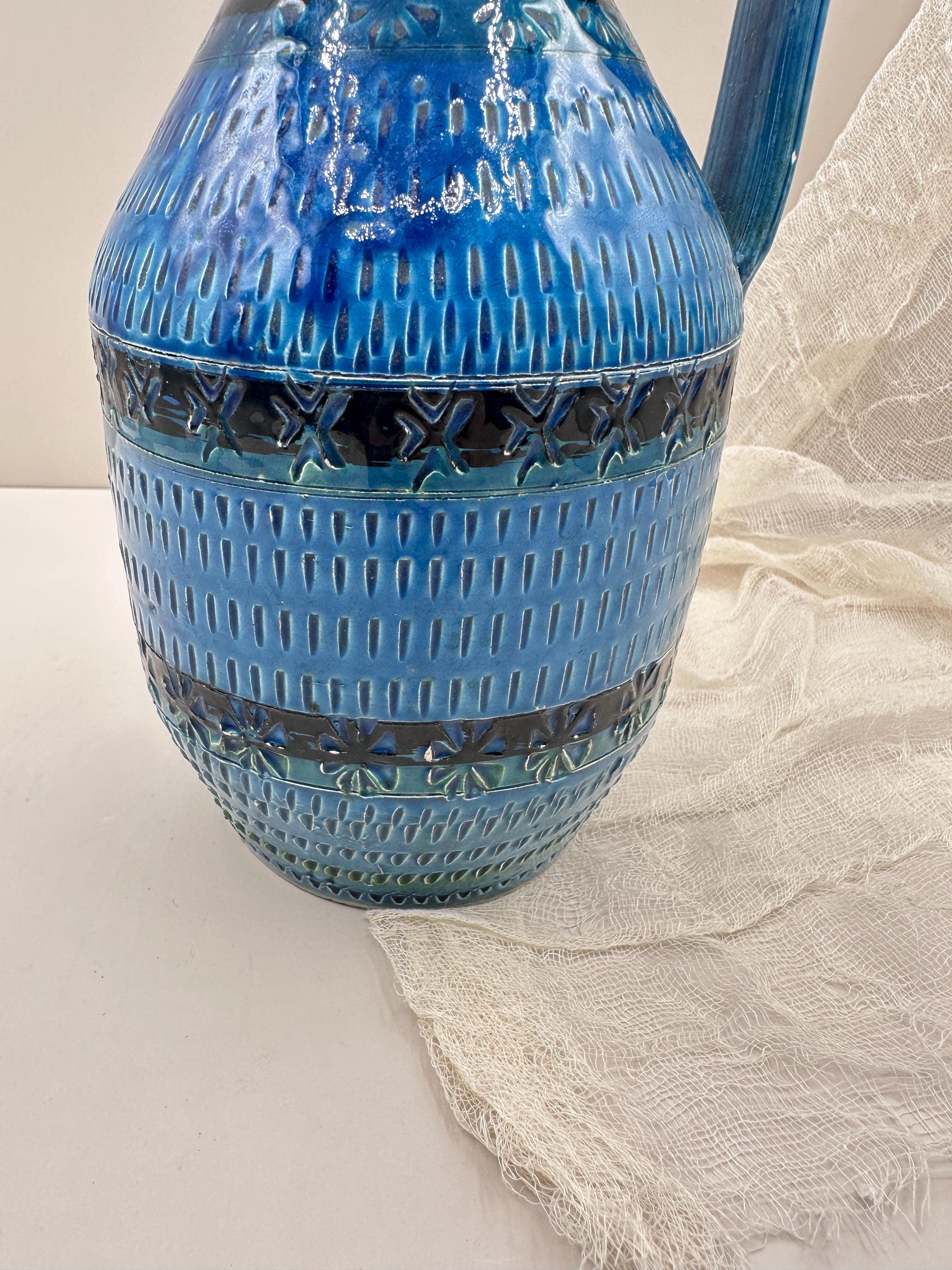 ヴィンテージブルー釉陶器ピッチャー | 手絞り陶器の水差し | 素朴な