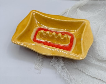 Cenicero de cerámica vintage estilo atómico de mediados de siglo, plato multiusos con esmalte goteante naranja y amarillo, decoración retro para fumadores, bandeja para baratijas de estilo moderno de mediados de siglo.