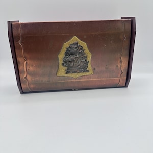 Vintage copper & brass nautical trinket box|copper trinket box|brass ship plaque|stash box | brass|vintage box|mustard velvet|ship plaque