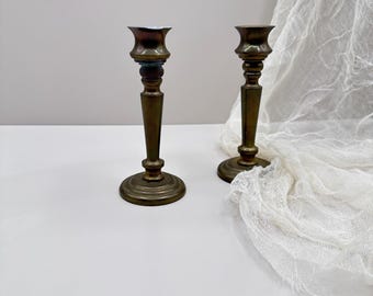 Vintage Brass Candlestick Holders Set of 2 | Turned Brass Taper Candle Holders | Aged Patina