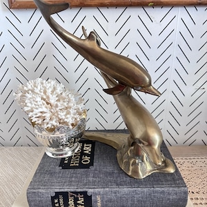 Vintage Brass Dolphin Sculpture – Mid-Century Coastal Decor – Solid Brass Dolphins on Wave – Nautical Figurine