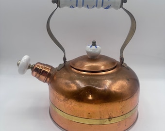 Vintage Copper Tea Kettle with Porcelain Handle and Brass Band – Shabby Chic Farmhouse Kitchen Decor