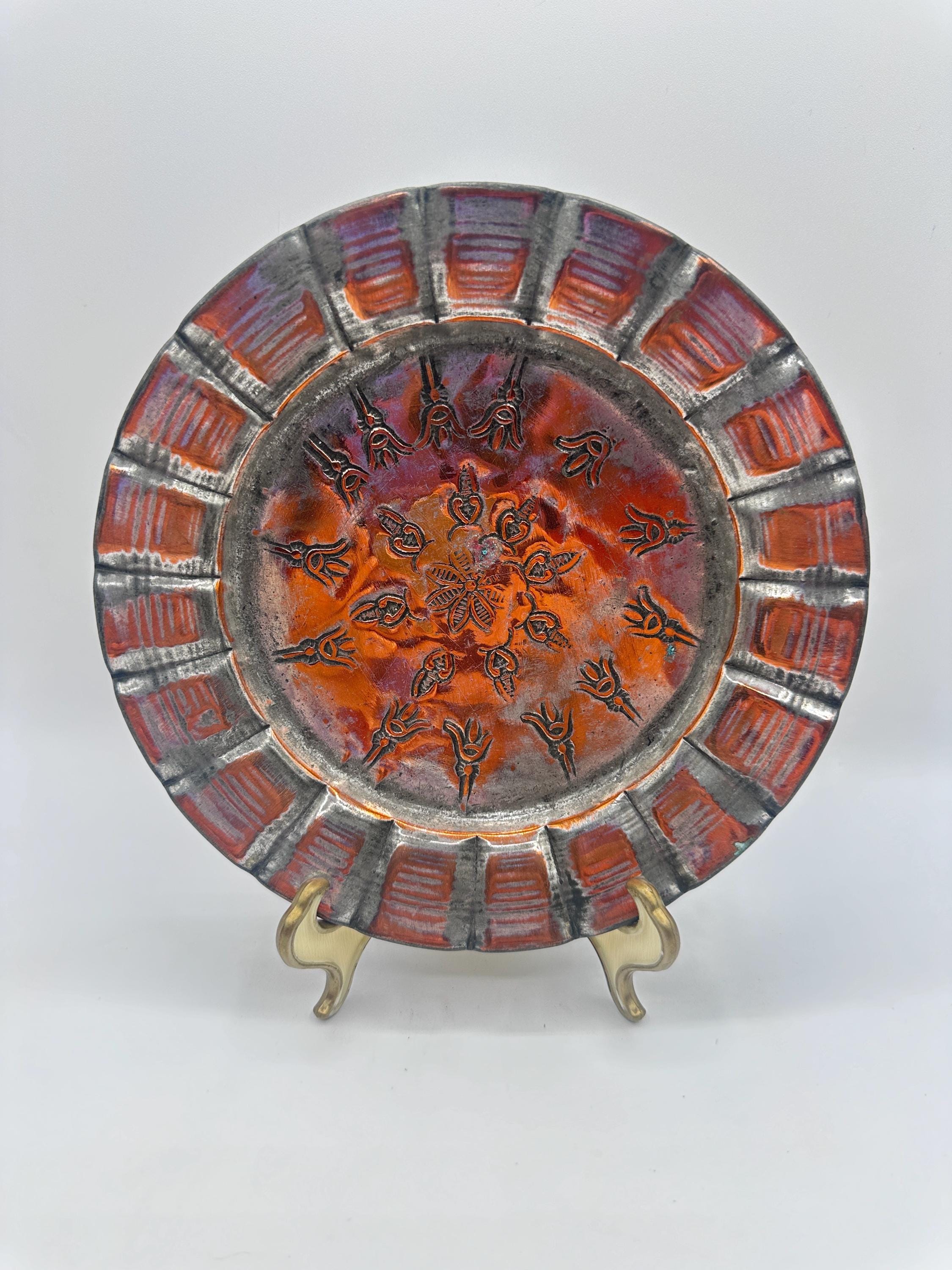 Antique Copper etched Tray|French Market|Copper|Copper over silver|hand hammered|copper|Rustic|European|Farmhouse|Primitive|gallery wall