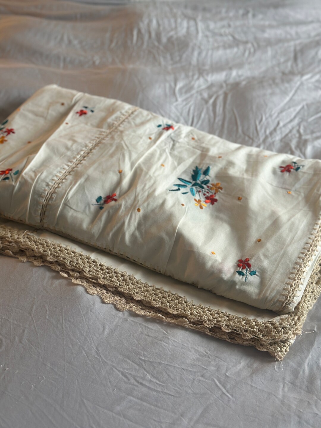 Vintage Embroidered & Lace Bedspread Cover Hand Made Bed Cover French