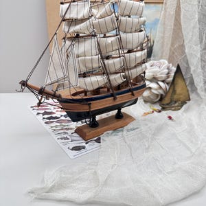 Vintage Wooden Tall Ship Model with Cloth Sails – Nautical Decor Sailboat on Stand