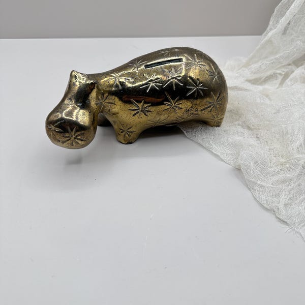 Vintage Brass Hippo Coin Bank | Etched Starburst Design | Animal Figurine Bank | Whimsical Desk Decor | Brass Animal| mid century hippo
