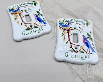 Vintage Cordial Ware Switch Plate Cover|Bird “Good Morning Good Night” Light Switch Cover|Made in Japan|Cottagecore Wall Decor|grandmacore