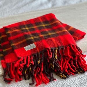 Vintage Faribo Red Plaid Wool Blend Throw Blanket with Fringe – Retro Cabin Decor - wool