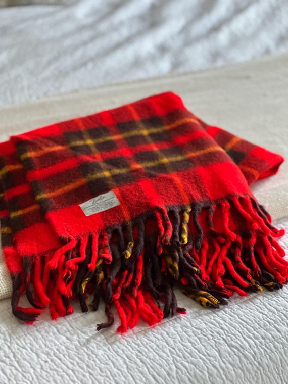 Vintage Faribo Wool Blanket, Red Plaid Tartan Throw, 85% Wool