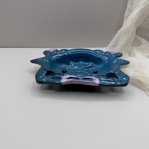 Vintage Handmade Ceramic Crab Dish by Chamberlain | Blue & Pink Glazed Studio Pottery Catchall | Whimsical Coastal Decor