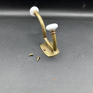 Vintage Brass Double Hook with Porcelain Knobs