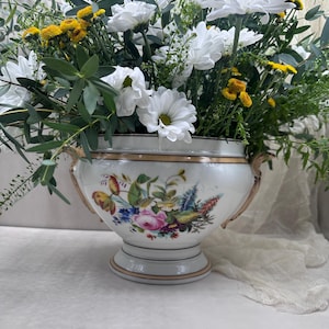 Vintage Hand Painted Floral Porcelain Cachepot – Footed Jardinière with Gilt Handles – European Ceramic Planter or Centerpiece Bowl