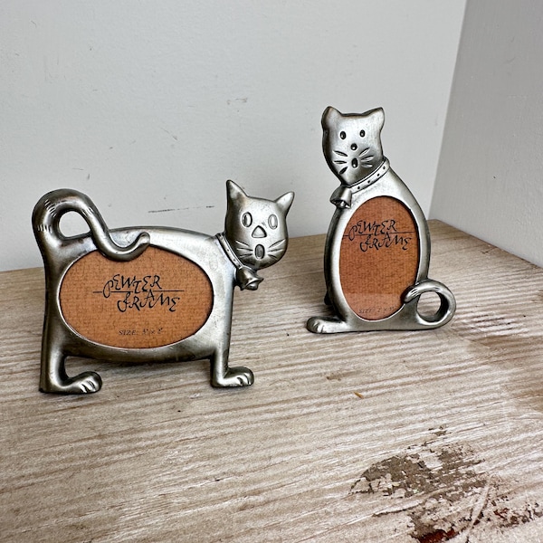 Vintage Pewter Cat Picture Frames Set, Whimsical Kitty Cottagecore Decor