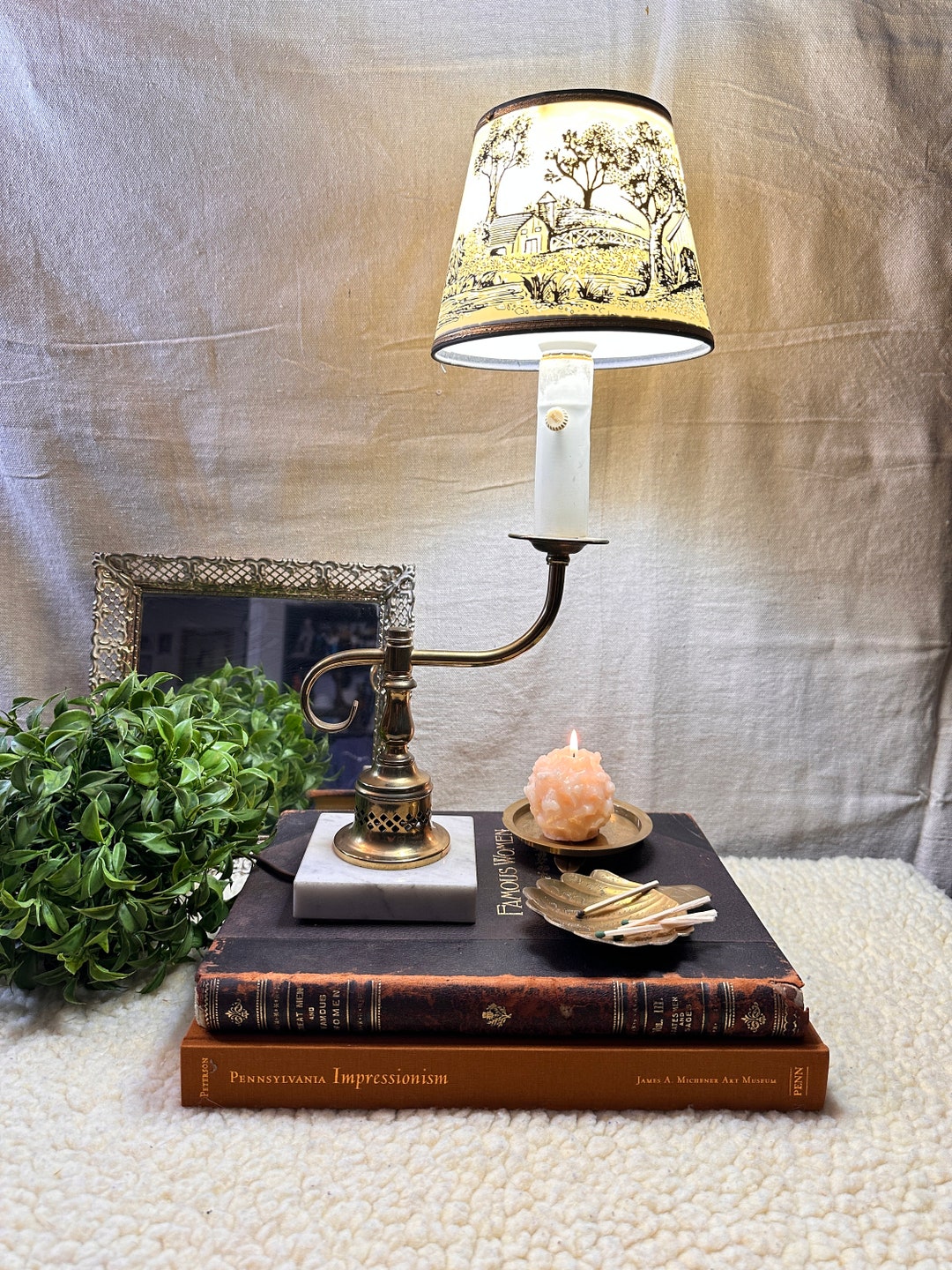 Vintage Brass Lamp With Marble Base Homestead Shade Etsy