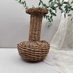 Vintage Woven Rattan Vase | Rustic Boho Basket Weave Vase | Tall Neck Decorative Wicker Vase | Natural Farmhouse Home Decor