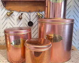 Vintage Copper Canister Set|French kitchen|copper kitchen|farmhouse|French Country|brass and copper|flour canister|coffee and tea canister