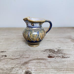Vintage Mediterranean Hand Painted Mini Pitcher/Jug, Rustic Blue & Ochre Pottery Creamer, Cottage Kitchen Decor, Italian style