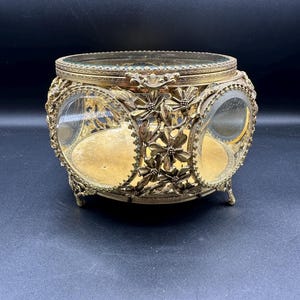 Vintage Beveled ormolu Jewelry box with feet|brass jewelry box|Jewelry Casket|Hollywood Regency|Beveled glass|mustard velvet|french casket