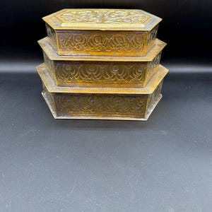 Vintage Brass Jewelry Box – Tiered Hexagonal Trinket Box with Ornate Floral Etching